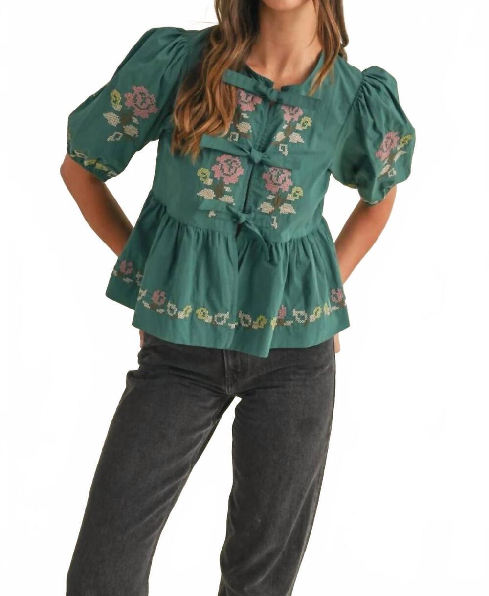 NEW MABLE abby floral puff sleeve blouse in hunter green